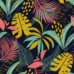 Trend seamless pattern with colorful tropical leaves and plants on a dark background. Vector design. Jungle print. Floral background. Printing and textiles. Exotic tropics. Fresh design.