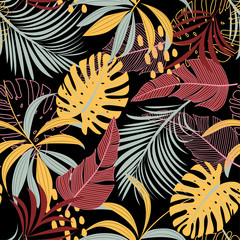 Bright abstract seamless pattern with colorful tropical leaves and plants on dark background. Vector design. Jungle print. Floral background. Printing and textiles. Exotic tropics. Fresh design.