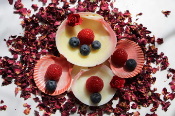 Himbeeren und Blaubeeren arrangiert auf Muscheln und getrockneten Rosenblättern 