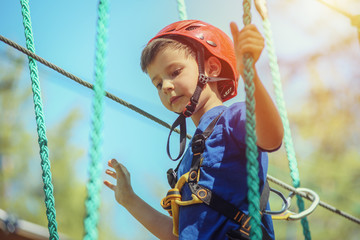 Child in forest adventure park. Kid in red helmet and blue t- shirt climbs on high rope trail. - 277753034