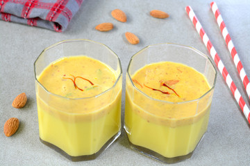 Badam milk or Almond milk prepared with almonds, spices and milk