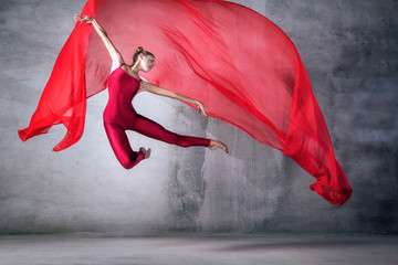 ballet dancer in the work, the dancer with a cloth, a girl with a beautiful body, elegantly girl, graceful woman, lady in red, athletic body, time show, the girl in flight, red silk in air, girl,