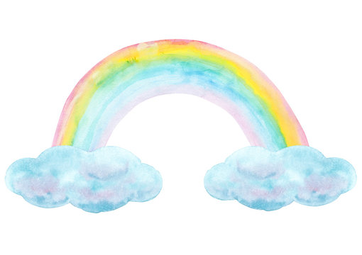 Watercolor Hand Drawn Rainbow And Clouds Isolated On White Background