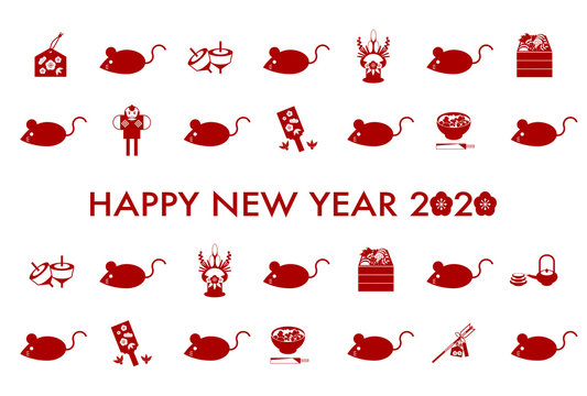 2020年年賀状子年: ねずみと日本文化の赤アイコン 