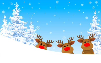 Reindeer in the winter forest. Winter. Winter forest. Group of deer. Deer on the background of the winter forest and blue sky with snowflakes