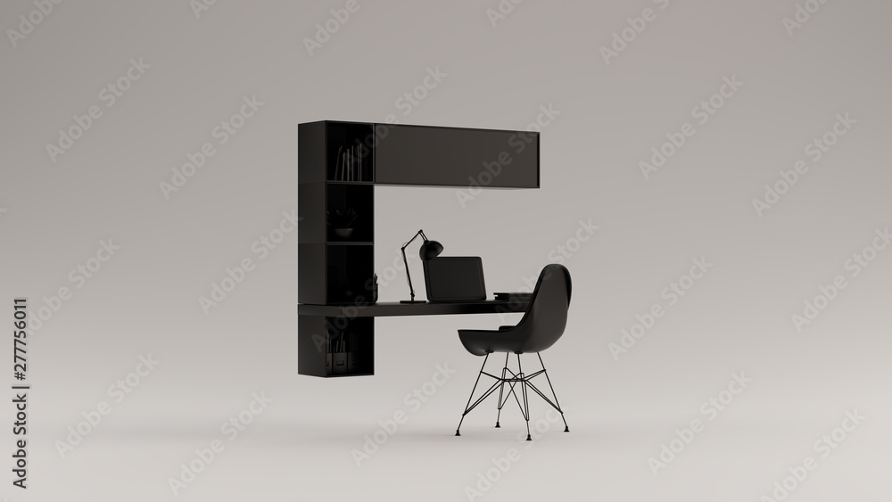 Poster black simple home office setup with floating desk 3d illustration 3d rendering