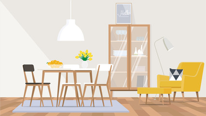 The interior design of the living room and dining room in the Scandinavian style with a yellow chair, wooden furniture. 