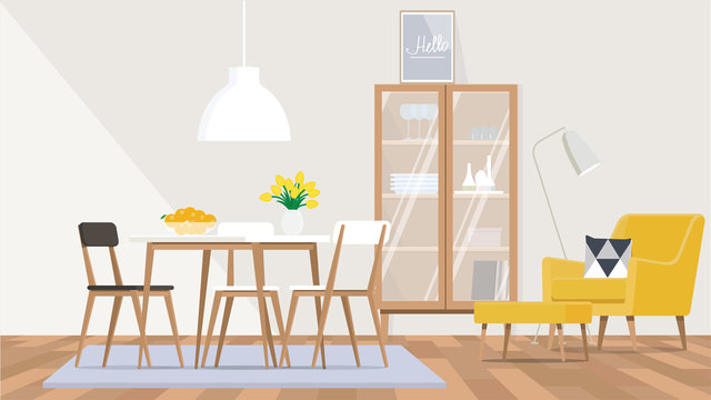 The Interior Design Of The Living Room And Dining Room In The Scandinavian Style With A Yellow Chair, Wooden Furniture. 