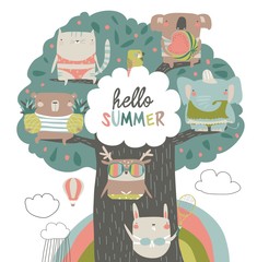 Cute animals sit on summer tree on white background