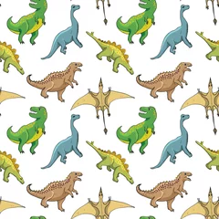 Muurstickers Dinosaurussen Dino naadloze patroon, schattige cartoon hand getrokken dinosaurussen doodles vectorillustratie