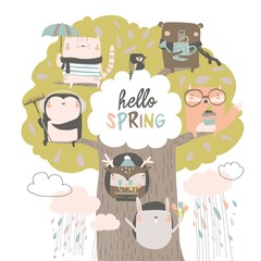 Cute animals sit on spring tree on white background