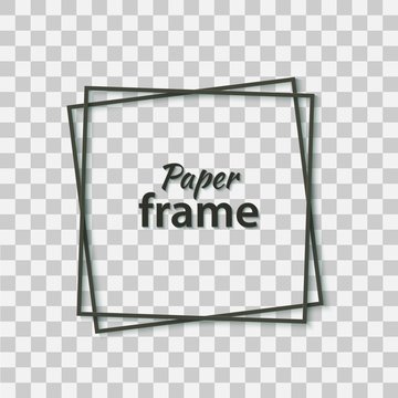 Paper cut black frame with realistic shadow. Two dark inclined square frames lie one on another. Vector card illustration with place for selling advertising text. 3d banner on transparent background