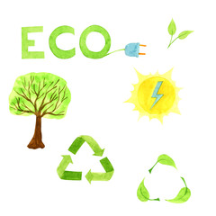 watercolor illustration ecology and solar energy concept set