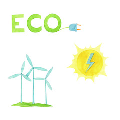 hand painted watercolor illustration ecology concept and reneweble energy set with wind generator