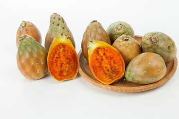 Prickly pear cactus fruits - Opuntia ficus indica; photo on neutral background