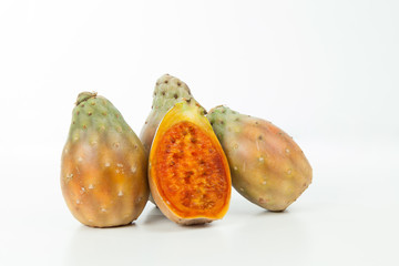 Prickly pear cactus fruits - Opuntia ficus indica; photo on neutral background