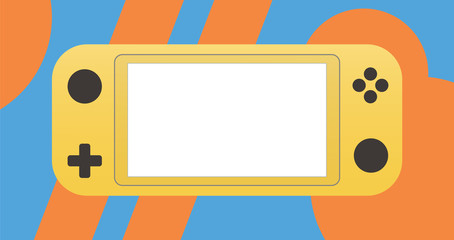 Yellow portable video game Console, handheld gadget for Video Gaming on blue and orange abstract background. Illustration for design, apps and web.  Mock up © skvalval