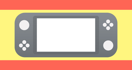 Grey portable video game Console, handheld gadget for Video Gaming on red and yellow abstract background. Illustration for design, apps and web.  Mock up