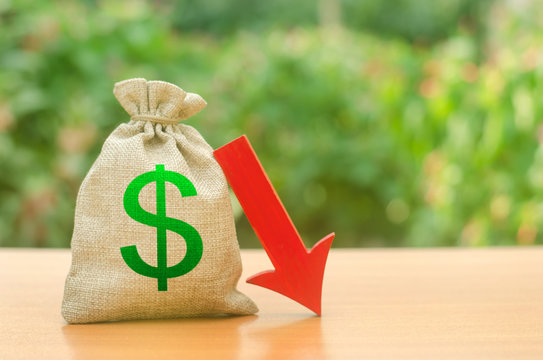 Money bag with dollar symbol and red arrow down. Reduced profits and liquidity of investments. Reduced tax revenues, economic difficulties, departure of capital, investors. Falling wages and welfare