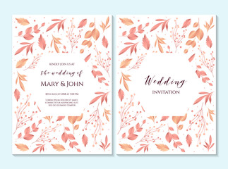 Wedding invitation, thank you card, save the date cards. Wedding invitation, baby shower, menu, flyer, banner template with floral pattern, hand drawn lettering, background. Summer wedding invitation.
