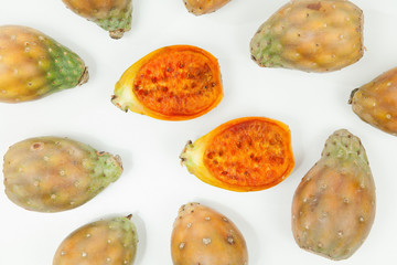 Prickly pear cactus fruits - Opuntia ficus indica; photo on neutral background