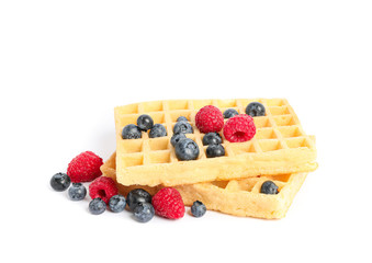 Belgian waffles with berries isolated on white background
