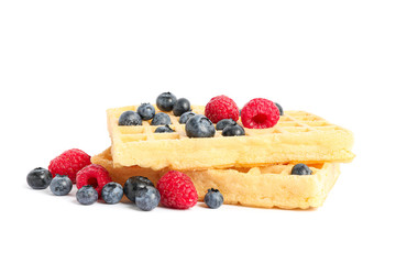 Belgian waffles with berries isolated on white background