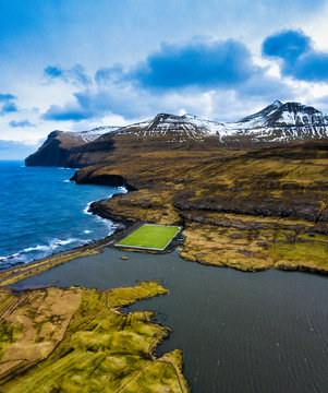 Aerial view of soccer field, Eidi, Eysturoy, Faroe Islands