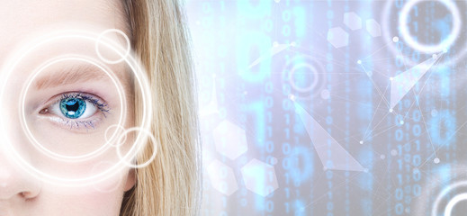 Young and attractive woman from future with the laser hologram on her eyes (collage about eye scanning technology)