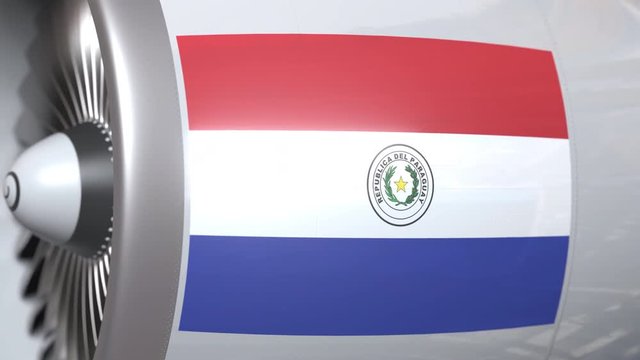 National flag of Paraguay on airplane tourbine engine. Aviation related 3D animation