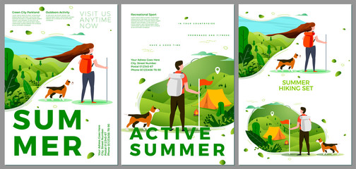 Vector summer hiking travel posters set - man and woman outdoors. Forests, trees and hills on background. Print template with place for your text.