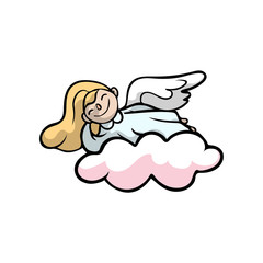 Cute blonde hair angel smiling on pink cloud