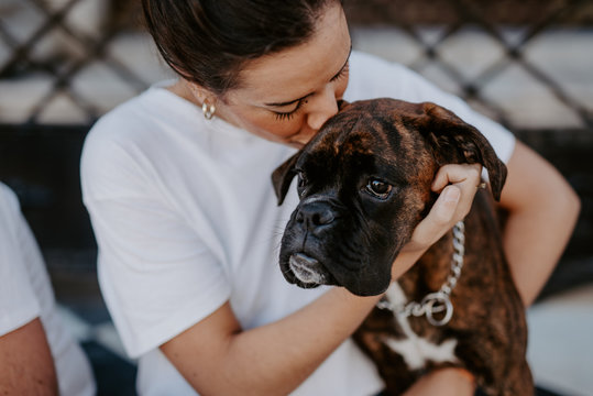 Attractive woman and boxer dog with kind face enjoying and embracing
