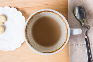 Empty Vintage mug of coffee latte on vintage wooden table
