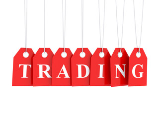 Trading text word on red hanging labels