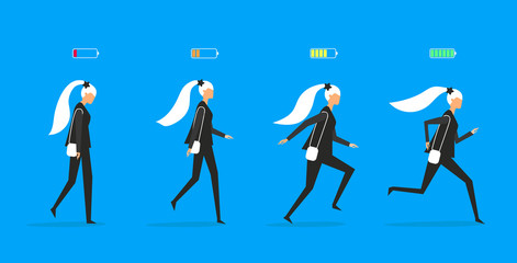 Female with high full level energy battery green and low battery . Happy woman run and go. Flat vector illustration isolated on blue background.