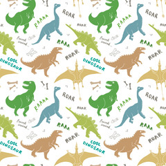 Dino Seamless Pattern, Cute Cartoon Hand Drawn Dinosaurs Doodles Vector Illustration