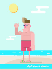 Vector flat style drawing of a man showing his muscles at the beach - trendy digital vector illustration
