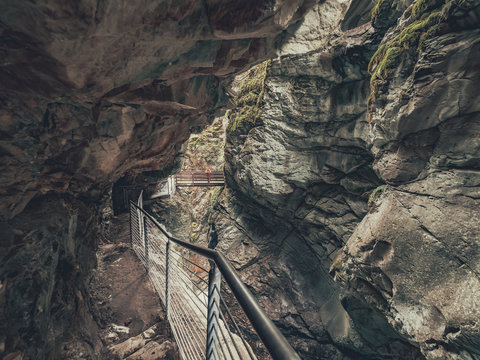 Picturesque view of majestic Alps during walking on tourist route in Dolomites, Italy