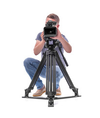 Cameraman. Video camera operator isolated on a white background.