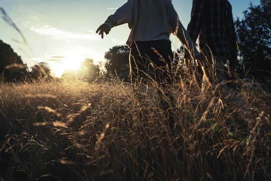 Loving couple walking in golden rural field