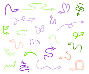 Colored infographic elements isolated on white. Set of sketchy indicator signs. Hand drawn simple pointers. Abstract arrows. Symbols for work