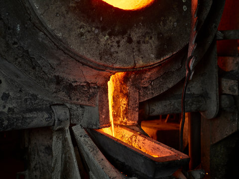 Industry, furnace during melting copper, liquid copper