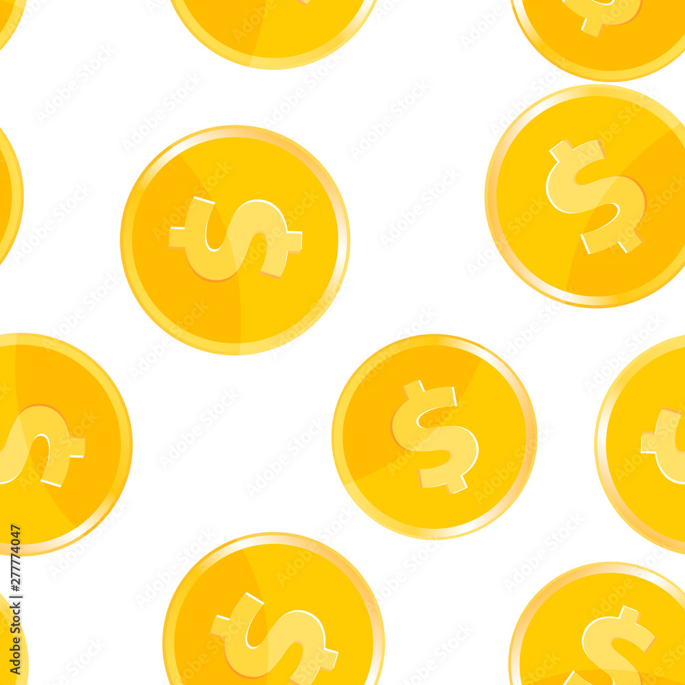 Poster gold coin dollar with shadow. coin icon seamless pattern on a white background. layers grouped for e