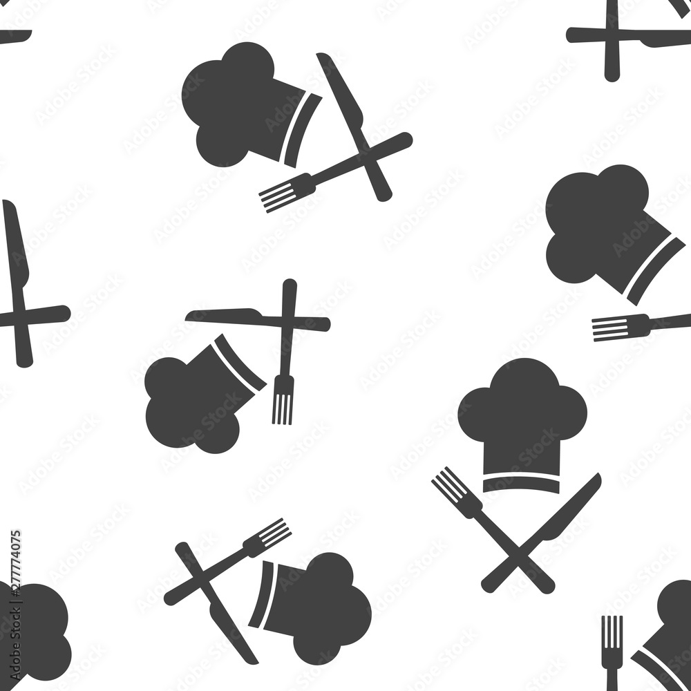 Poster chef hat with cross knife and fork vector icon. cap chef cooking seamless pattern on a white backgro
