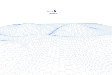 Vector abstract cyber landscape with hexagonal mesh