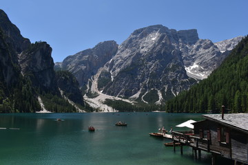 Lake Braies also known as Lago di Braies. Italy, South Tyrol, Bolzano