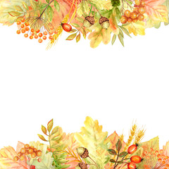 Autumn leaf Frame isolated on a white background. Watercolor autumn leaf hand drawn illustration.