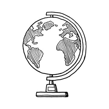 Hand Drawn globe doodle. Sketch style icon. Decoration element. Isolated on white background. Flat design. Vector illustration