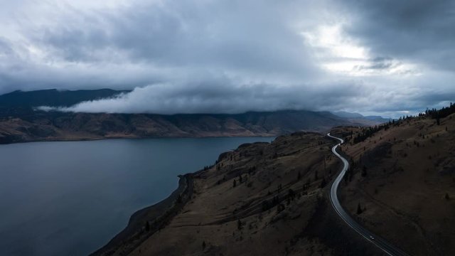 Aerial drone panoramic view of a scenic landscape during a dramatic sunrise. Taken near Kamloops, British Columbia, Canada. Still Image Continuous Animation